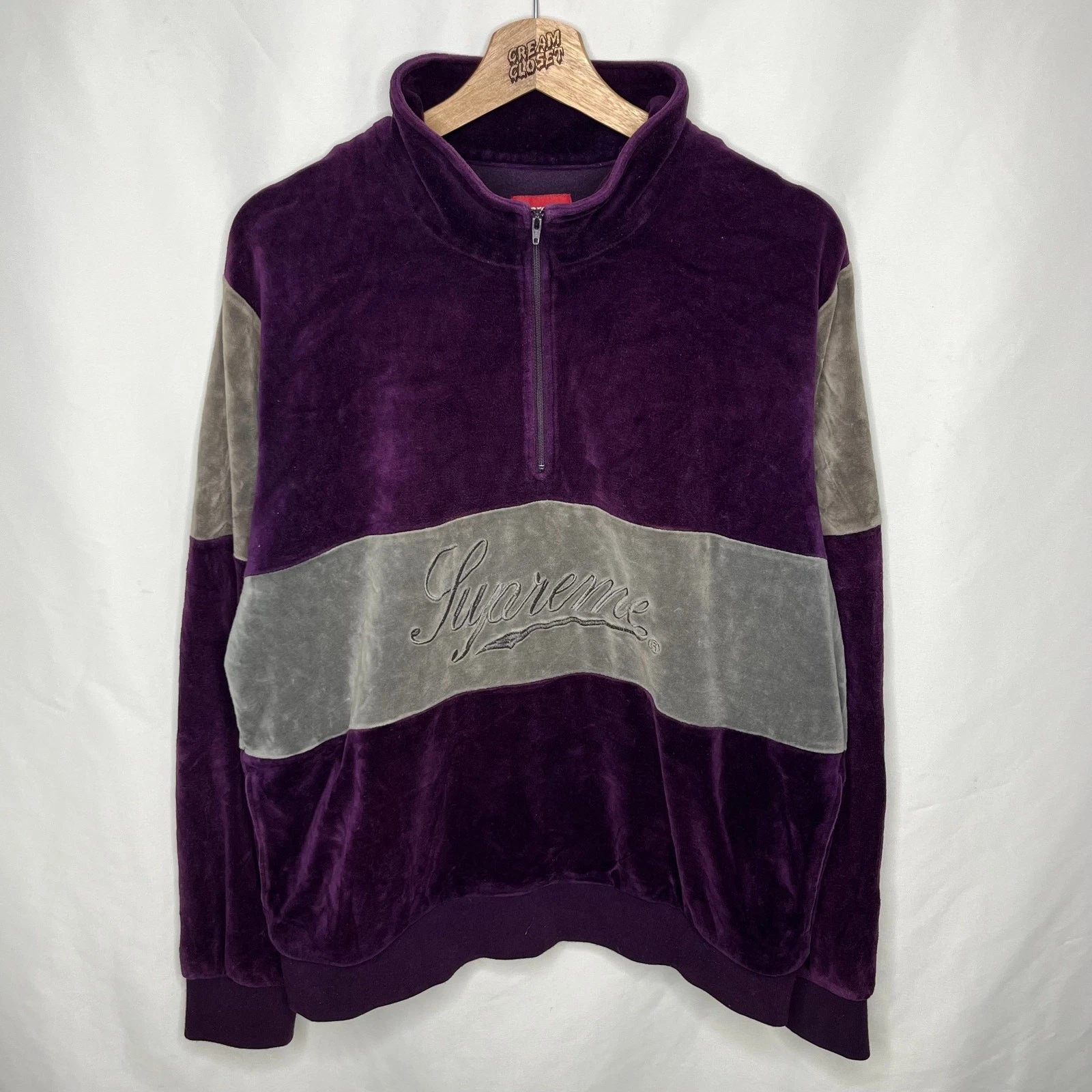 Pull FW17 2017 Supreme NYC velours demi fermeture éclair deux tons gris violet L