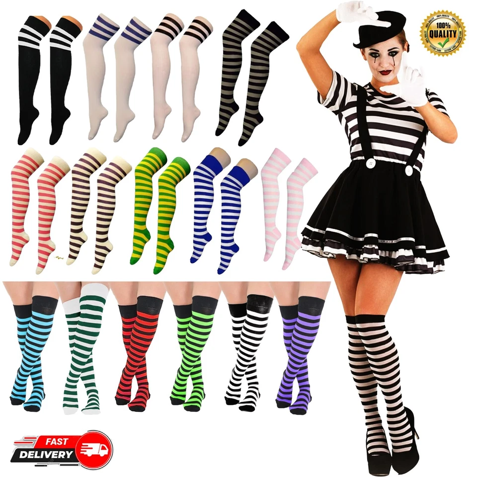 CRAZY CHICK Over The Knee Socks Cotton Long Striped High Thigh OTK Socks UK SIZE 4-6