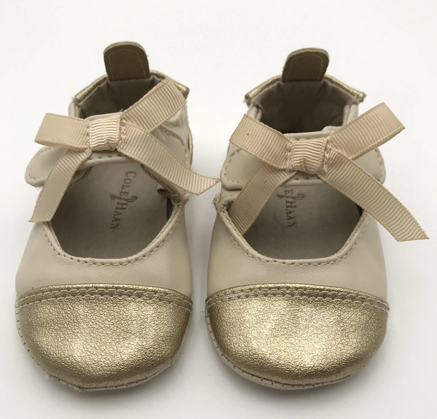 PONY Cole Haan Baby Girl Cream Gold Soft Strapped Mini Cap Toe Crib Shoes Size 2