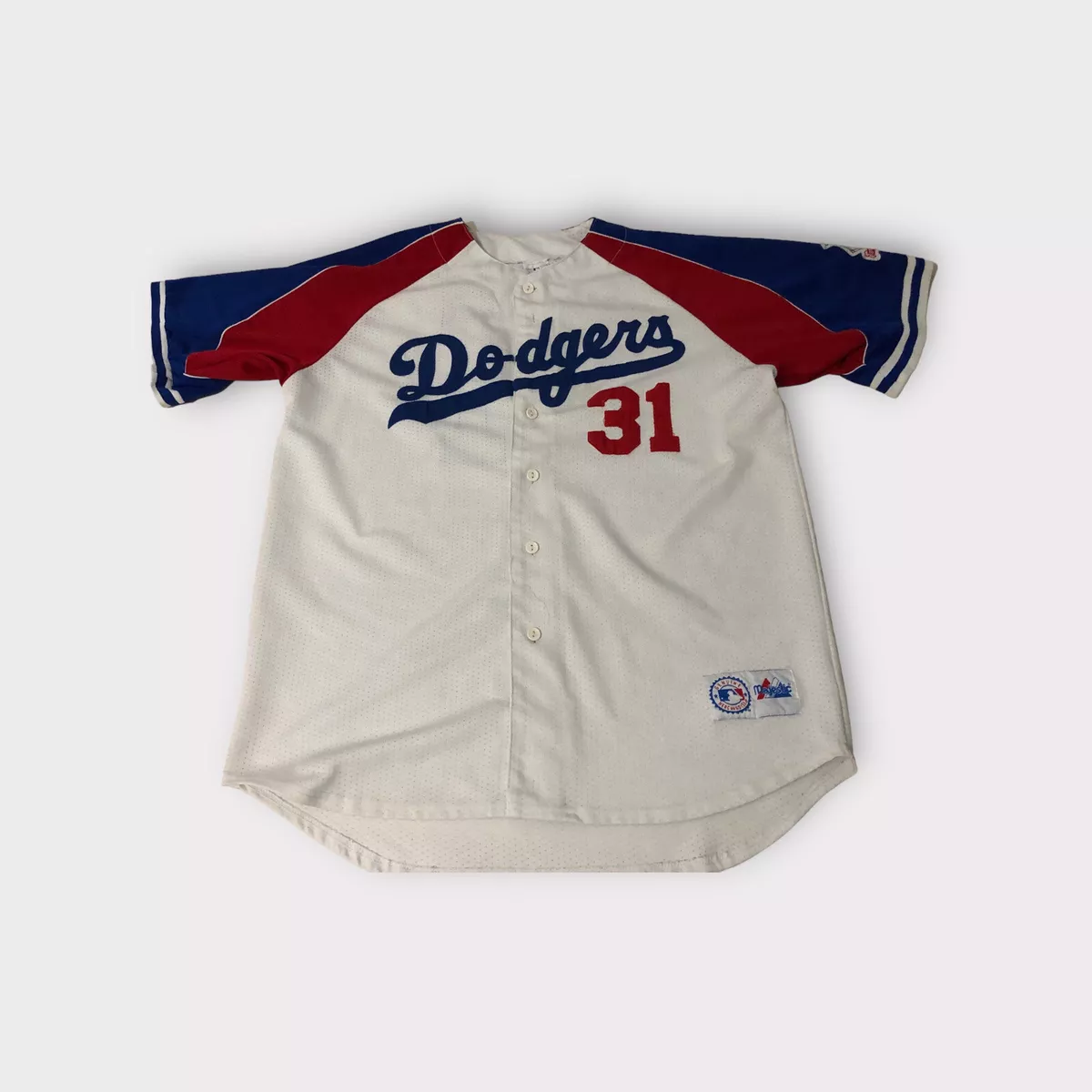 White Blue Red Majestic LA Los Angels Dodgers Mike Pizza Jersey Men's Size  XL