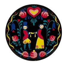 Vintage Toleware Colorful Folk Art 10" Round Metal Tin Plate Decorative Tray