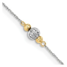 Real 14kt White Gold Ropa Two-tone Diamond Cut Bead 9in Plus 1in Ext. Anklet