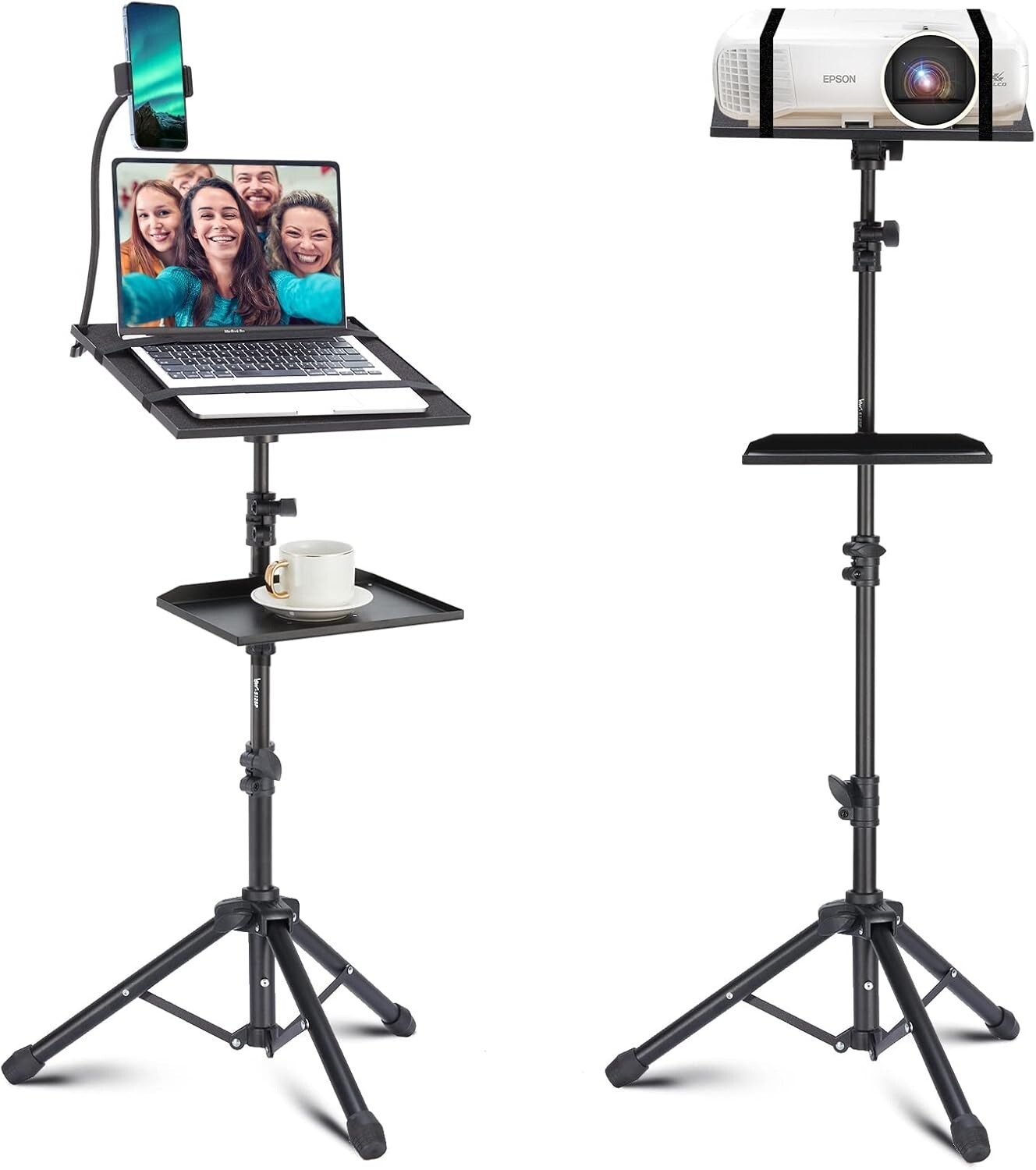 Versatile 50” Projector Tripod Stand with Rotatable Beverage Tray & Phone Holder