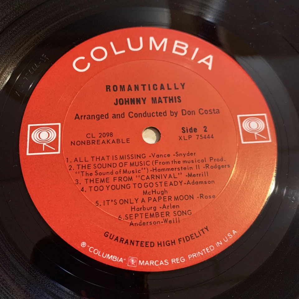 Johnny Mathis Romantically LP Columbia 2 Eye Mono + Shrink Superb M-/M-!!!! - Image 3 of 4