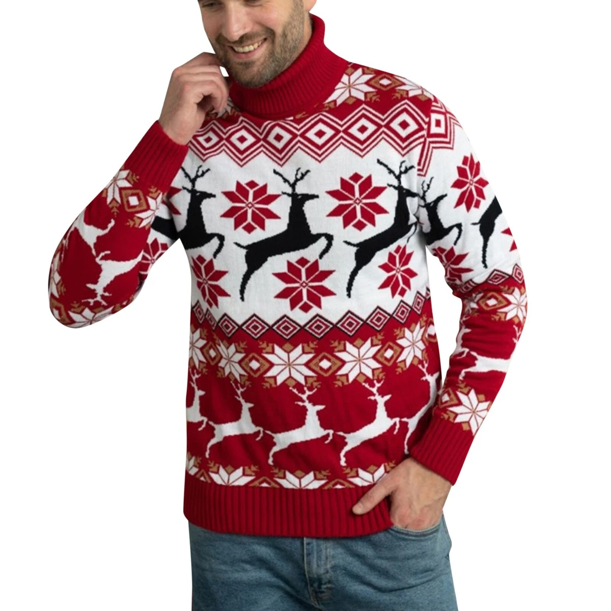 Snowflake Knitted Lightweight Turtleneck Lovers Clothes Mens Christmas Sweater