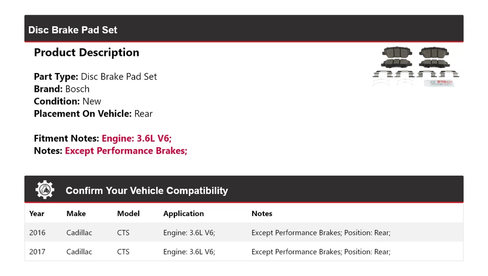For 2016-2017 Cadillac CTS 3.6L Bosch Blue Ceramic Brake Pads with Hardware Rear - Изображение 2 из 4