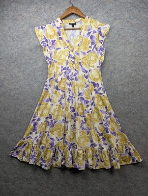 Sami & Jo Dress Women's Small Yellow Purple Floral Ruffle Hem Boho Cottagecore