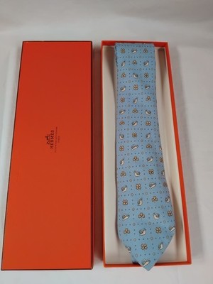 Hermes Paris Light Blue Snail Patterned Silk Necktie Made In France
