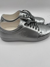 Chanel Silver Patent Vinyl Fabric CC Lace up Low Top Sneakers 37 in Box WORN 1X