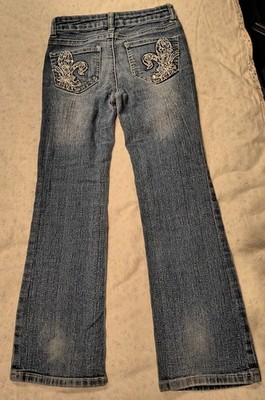 Girls' Blue Bootcut Denim Jeans Cotton Medium Wash Embroidered Back Pockets