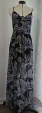 Express Women's Maxi Dress Small Black White Leaf Print Front Side Slit NWOT