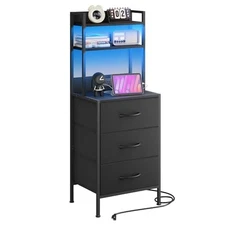  41 Inch Tall Nightstand with Charging Station, Led Night Stand Black 3 Drawers