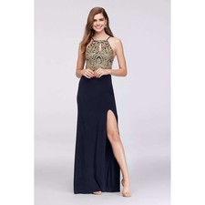 Blondie Nites Sz 1 199 Navy Blue Gold Lace Illusion Sheath Formal Evening Gown