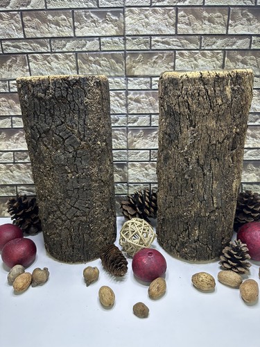 2 Large Natural Bark/ Wood/ Glass Covered Candle Holders W/ Candles Dbls As Vase - Picture 3 of 20