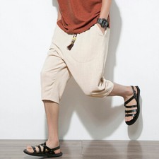 Mens Linen Capri Pants Shorts Drop Crotch Harem 3/4 Trousers Crop Retro Vintage