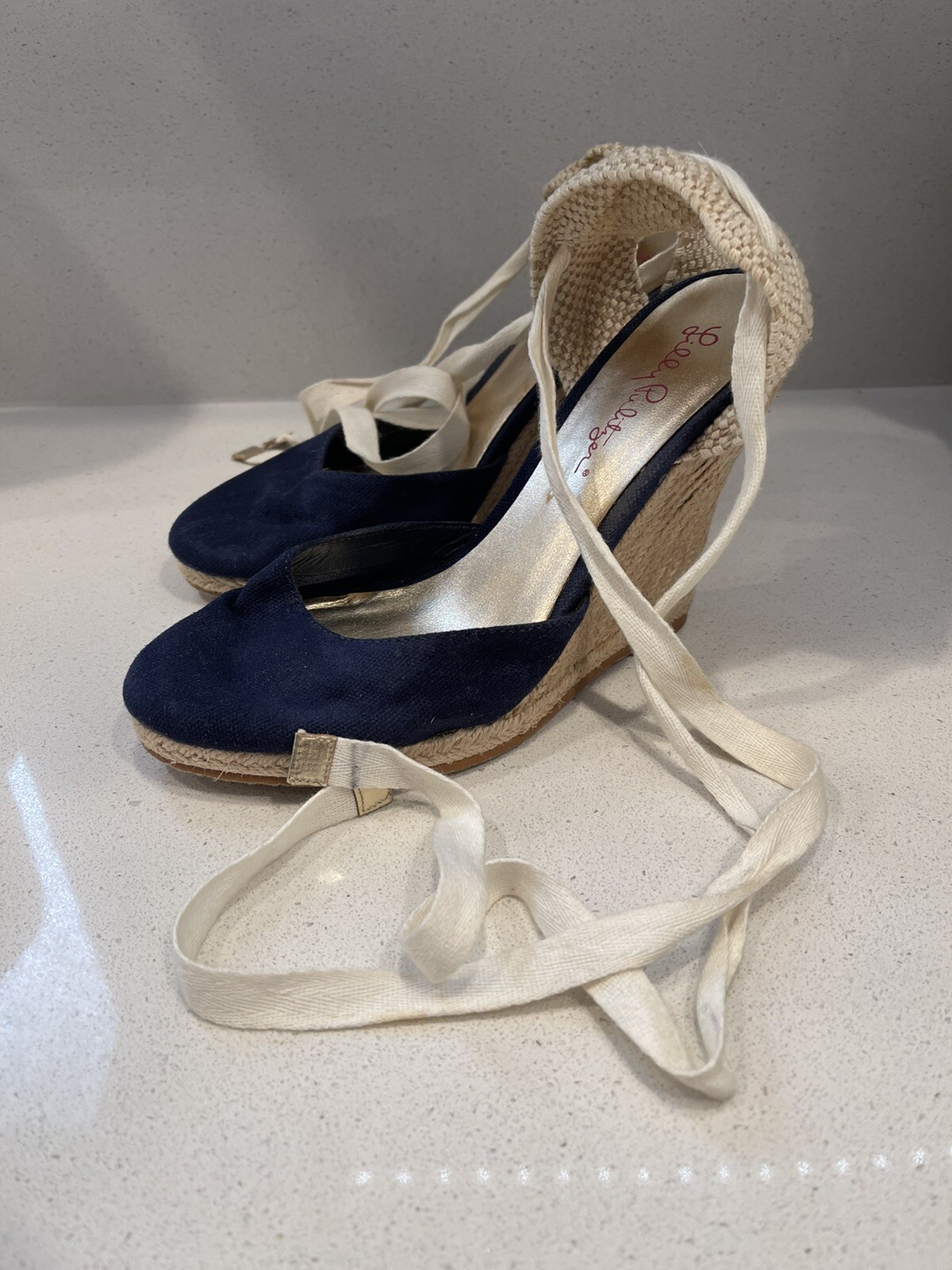 Lilly Pulitzer Navy Gold Espadrilles Wedges lace Up size 7.5 M | eBay