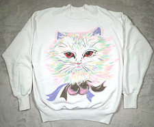 Vintage Cat Sweatshirt Cute Art 80s White Size Medium