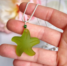 Sea Glass Starfish Pendant, Silver Snake Chain Necklace, 18 Inch, Green