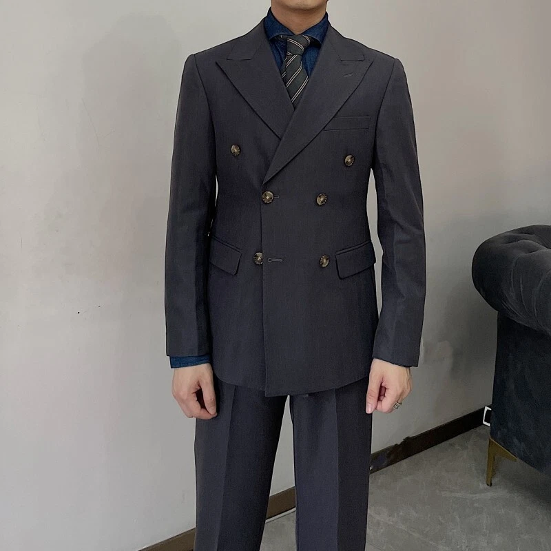 Conjunto de Traje Retro Para Hombre Delgado Doble Pecho Moda Negocios Formal Traje Dos Piezas Foto 2 de 4