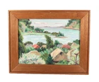 Mid Century Coastal Village Scene Village Oil Painting Illegible Signature 1952
