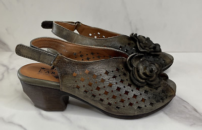 L'Artiste Spring Step Lovella Gray Leather Comfort Sandal Heels Flower 6.5-7