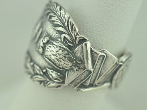 Solid 925 Sterling Silver Owl Scholar Adjustable Spoon Ring - Picture 3 of 9