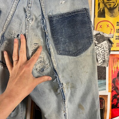 Vintage 70s Light Wash Distressed Thrashed Patched Denim Vintage 70s Light Wash Distressed Thrashed Patched Denim