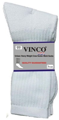 VINCO Men's HeavyWeight Crew Socks White-Mens size 10-13 - 3 Pairs