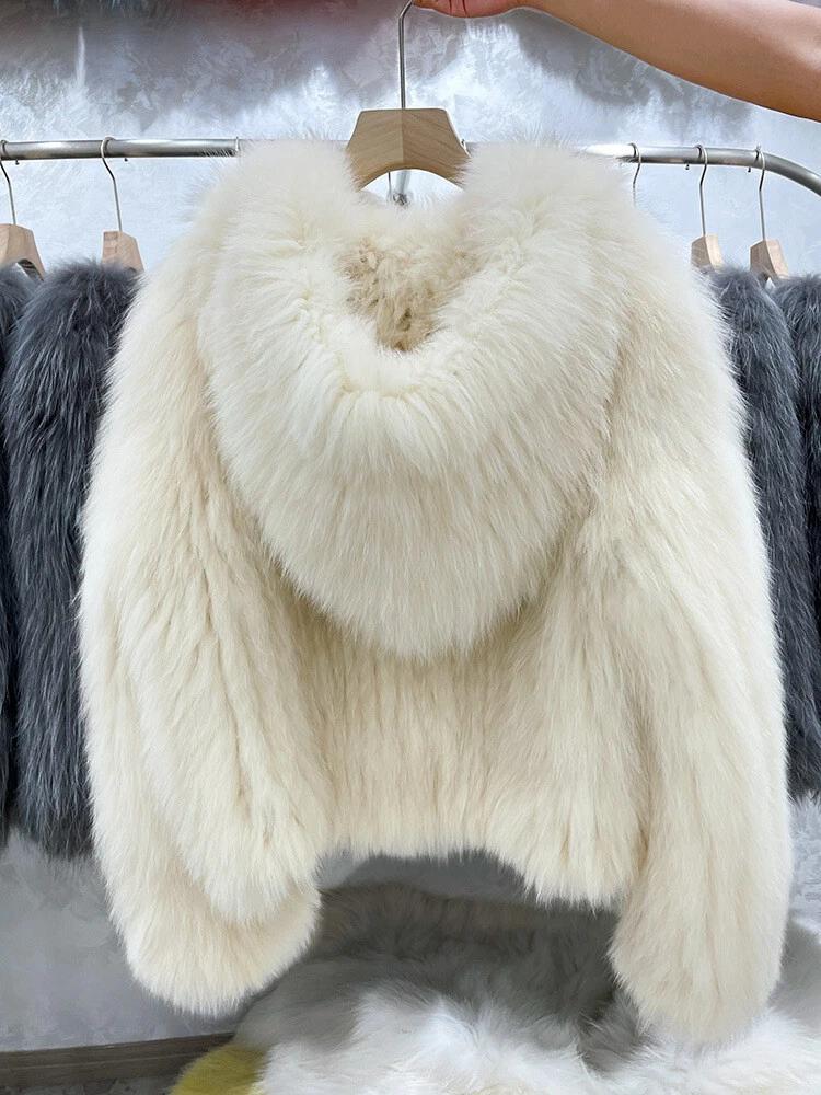 OFF WHITE Cappotto corto invernale donna vera pelliccia di volpe double face lavorato a maglia lunghezza 50 cm con cappuccio TG.