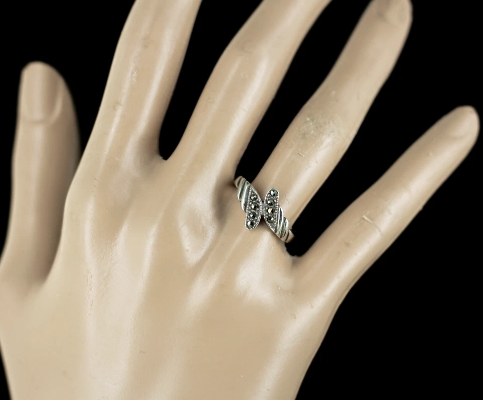 Argento D'Epoca Art Déco By-Pass Onda Design Marcasite Anello Misura 8 - Immagine 4 di 4