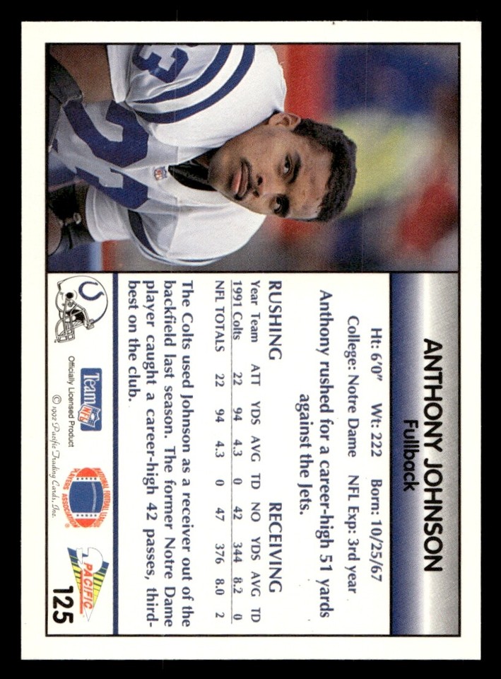 1992 Pacific Anthony Johnson 125 Indianapolis Colts Ebay 