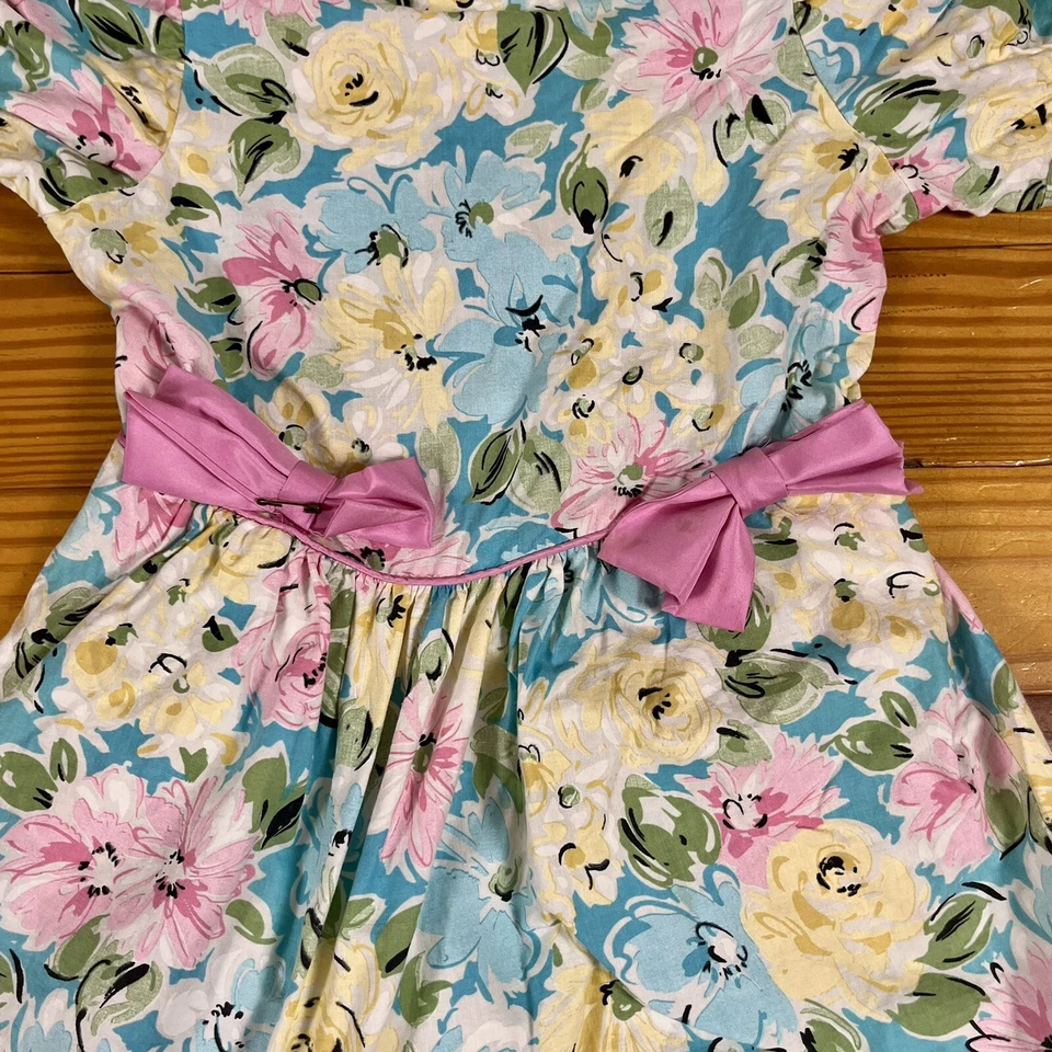 Vintage 1990s Sz 5 Floral Party Dress Net Petticoat Bows Ruffles Me Too USA Made - Image 2 of 4