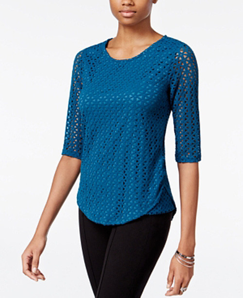 Bar III Women's Teal ElbowSleeve Eyelet Top Size L eBay