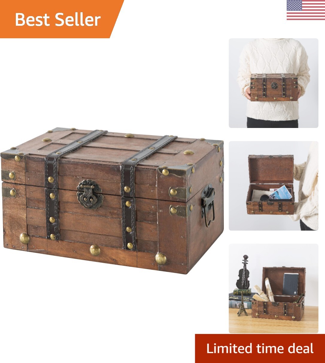 Alexandria Mini Wooden Treasure Chest - 11x7x5.5 Inch Rustic Storage Box with Lock