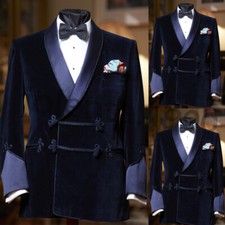 Navy Blue Men Suits Smoking Jacket Shawl Lapel Coat Velvet Blazer Wedding Prom