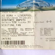 AS Roma v Liverpool FC Ticket/Stub 02.05.2018 Stadio Olimpico Block 52B