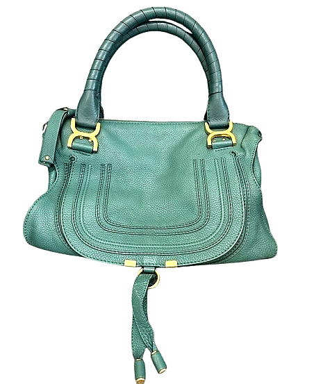 Chloe Marcie Shouder Bag Handbag Tote Bag Dark Green Leather w/Card Italy Auth