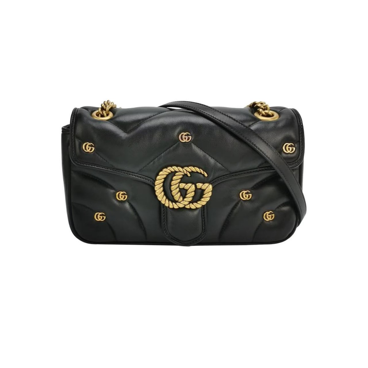 GUCCI スタッズ ロゴT シャンパンゴールド L 黒 Gucci GG Marmont Small Flap Bag Black Leather Twist Rope GG Gold
