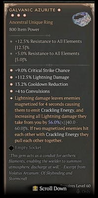 #ad ⭐⭐⭐⭐DIABLO 4🔥SEASON 11🔥GALVANIC AZURITE RING💥4GA High 5x% Aspect $19.00