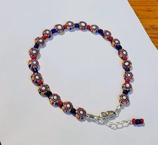 Millefiori Lampwork Coin Beads Red & Blue Anklet Spring Summer 9.5"