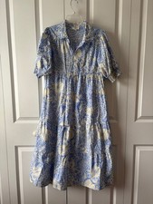 Umgee Blue and Cream Paisley Tiered Cotton Midi Dress Women's Size Small