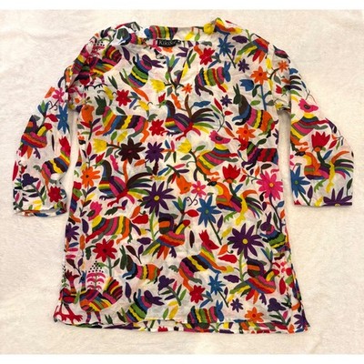 KikiSol Womens Otomi Animal Print Tunic Top V-Neck Multi-Color Boho Blouse M