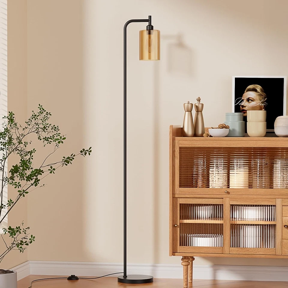 Modern Black Floor Lamp with Amber Glass Shade - Image 3 of 4