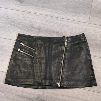 Zara Woman Black Genuine Real Leather Micro Mini Zips Skirt Size Mdm 8-10 Lined