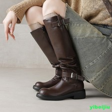 Women's Knee High Riding Boots Buckle Round Toe Leather Long Shoes Low Heel Lady