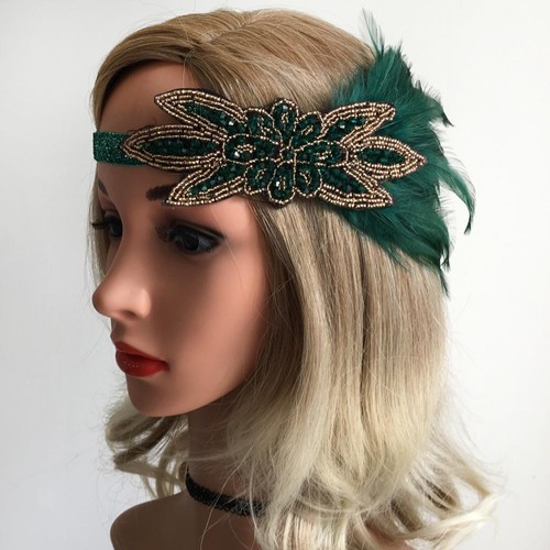 1920's Feather Fascinator Headband Deluxe Beaded Headpieces Green - Picture 1 of 7