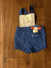 Set of 2 Vintage Hand-sewn/Handmade Baby Toddler Overalls First Mate Helicopter