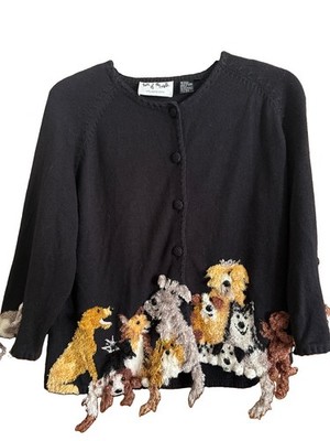 Michael Simon Dog Cardigan Sweater Novelty Puppy Applique Knit XL