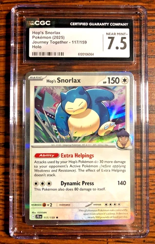 Hop's Snorlax Holo Rare #117|CGC NEAR MINT+ 7.5|SV Journey Together|Pokemon TCG