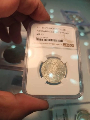 F19 Morocco AH-1314 Paris Mint Issue 2.5 Dirham Arrowheads Point Inward NGC MS63